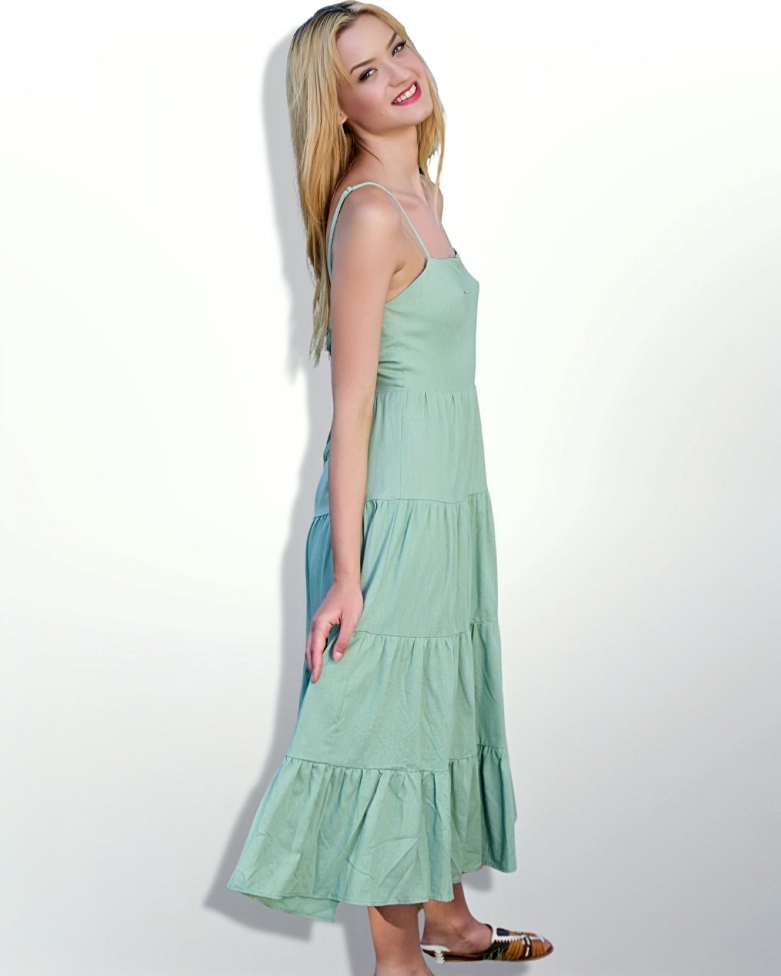 Green Sleeveless Tiered Maxi Dress for Women
