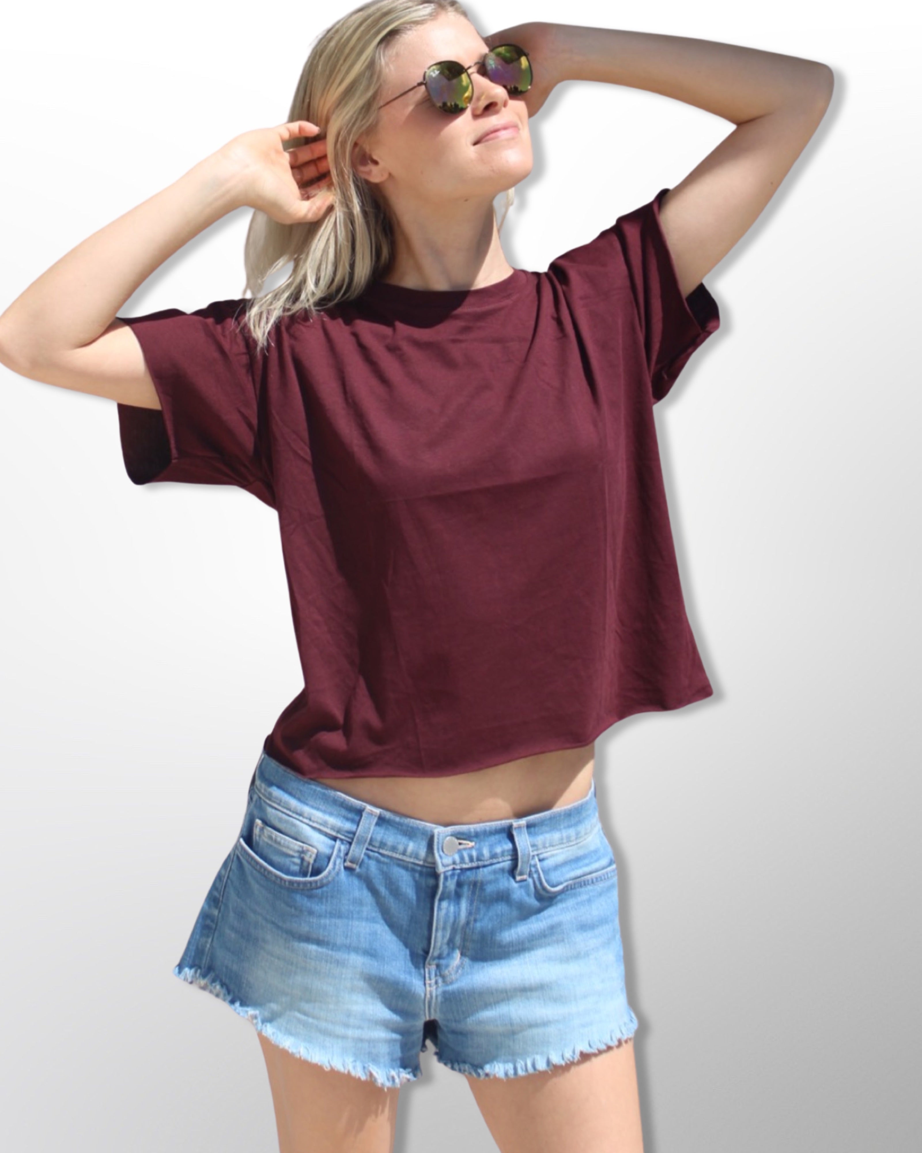 Our Comfy Crop Tees are Super Cute with Boxy Fit Made from Super Soft Cotton , with a Lived in Wash . They are Light and Breezy , Sits right Below The Waist and are Oh So Comfy . Say Hello to Your New Basic Tee with The Perfect Fit ! 100% Cotton Machine Wash Designed in California Made in USA