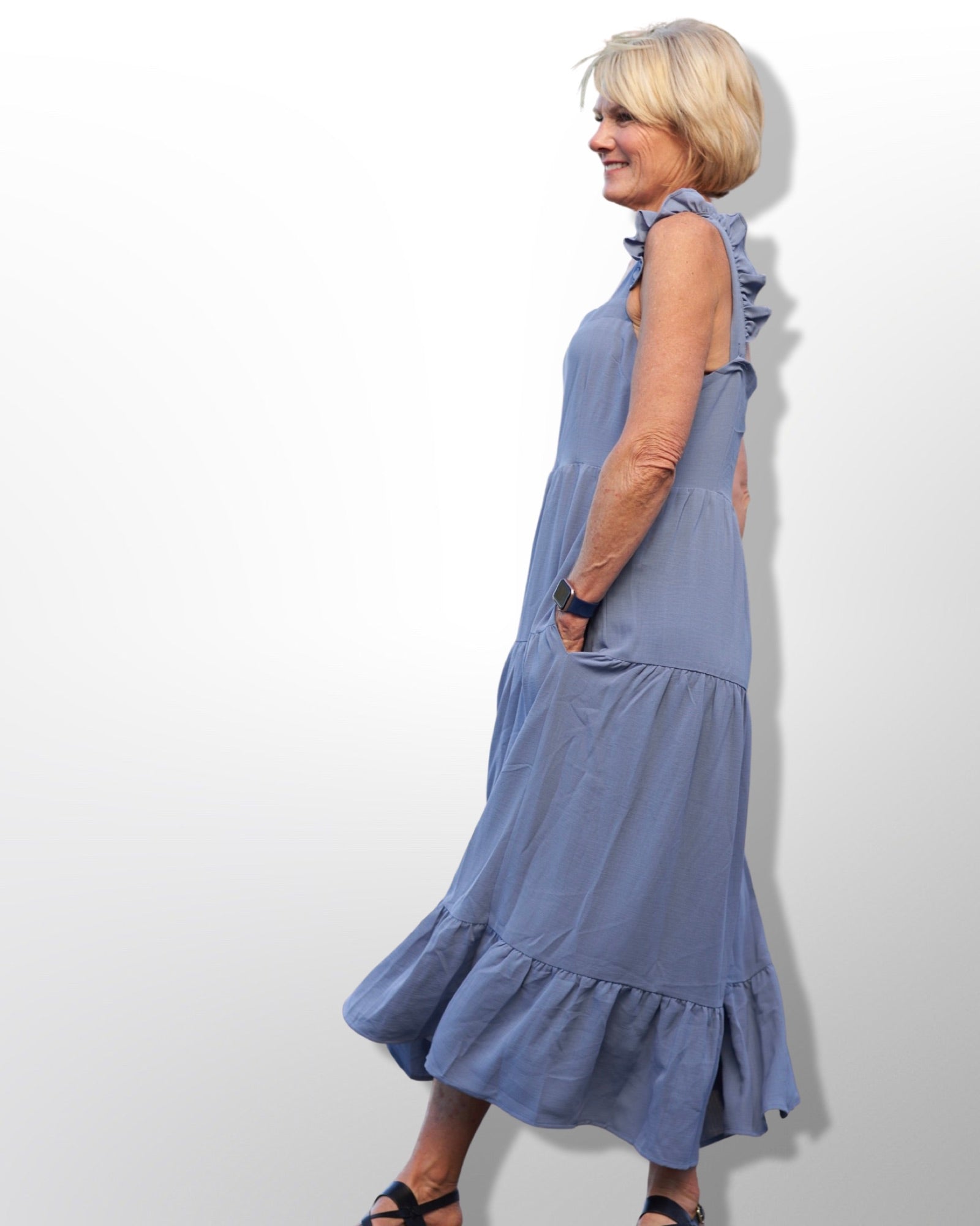 Dusty Blue Ladies Sleeveless Maxi Dress with Pockets