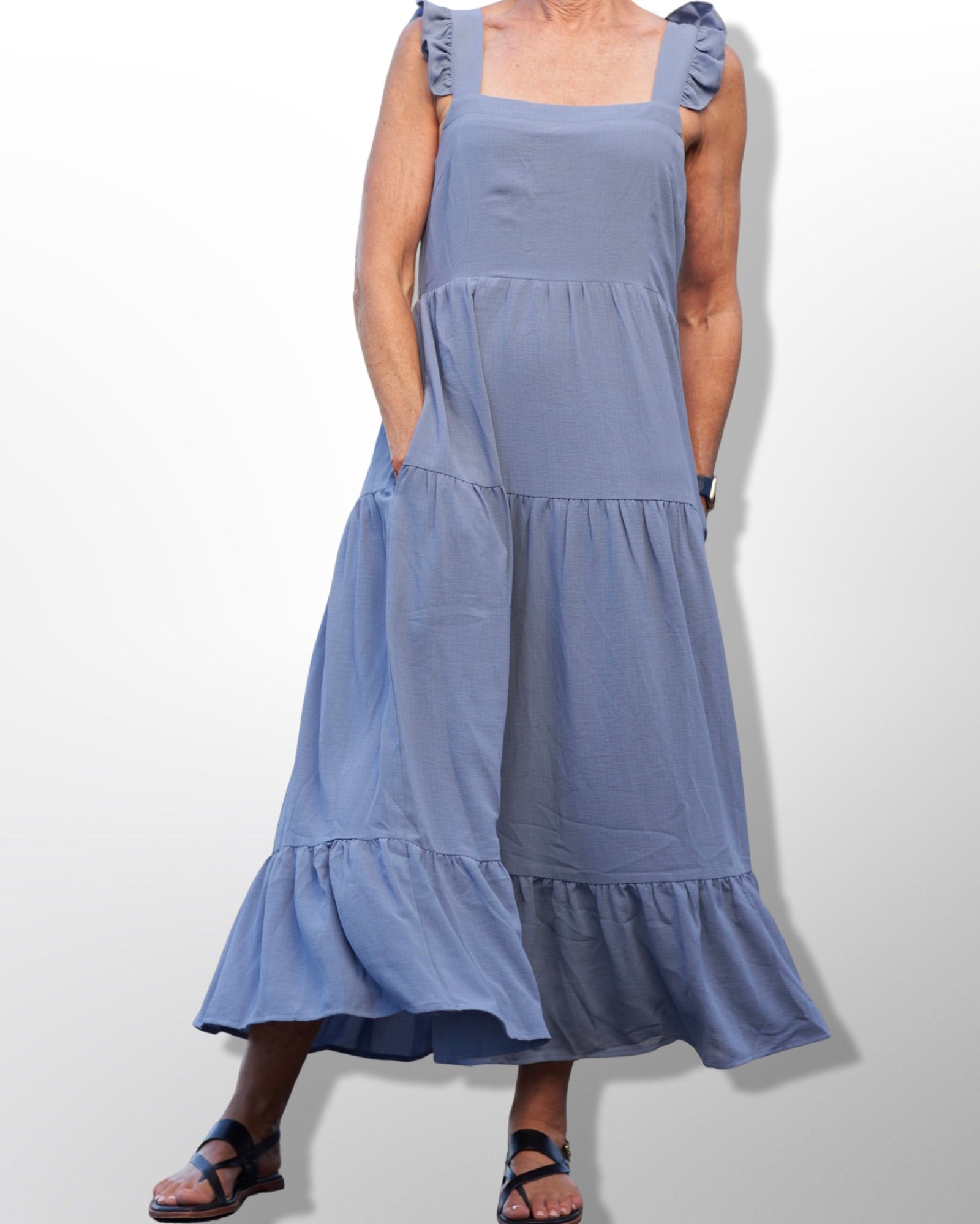 Dusty Blue Sleeveless Maxi Dress for Women with Pockets