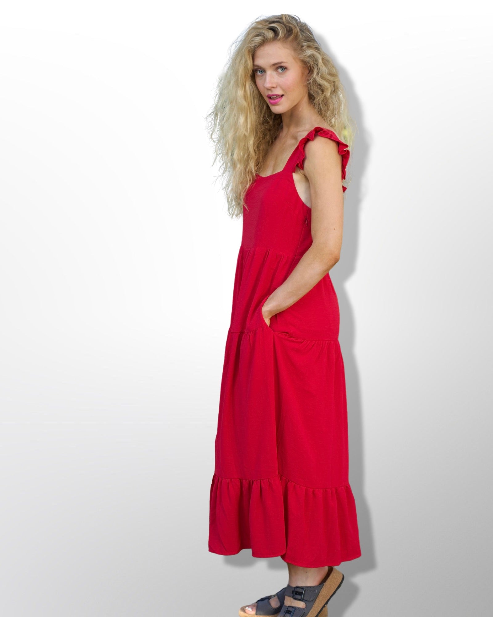 Red Sleeveless Maxi Dress for Women with Pockets