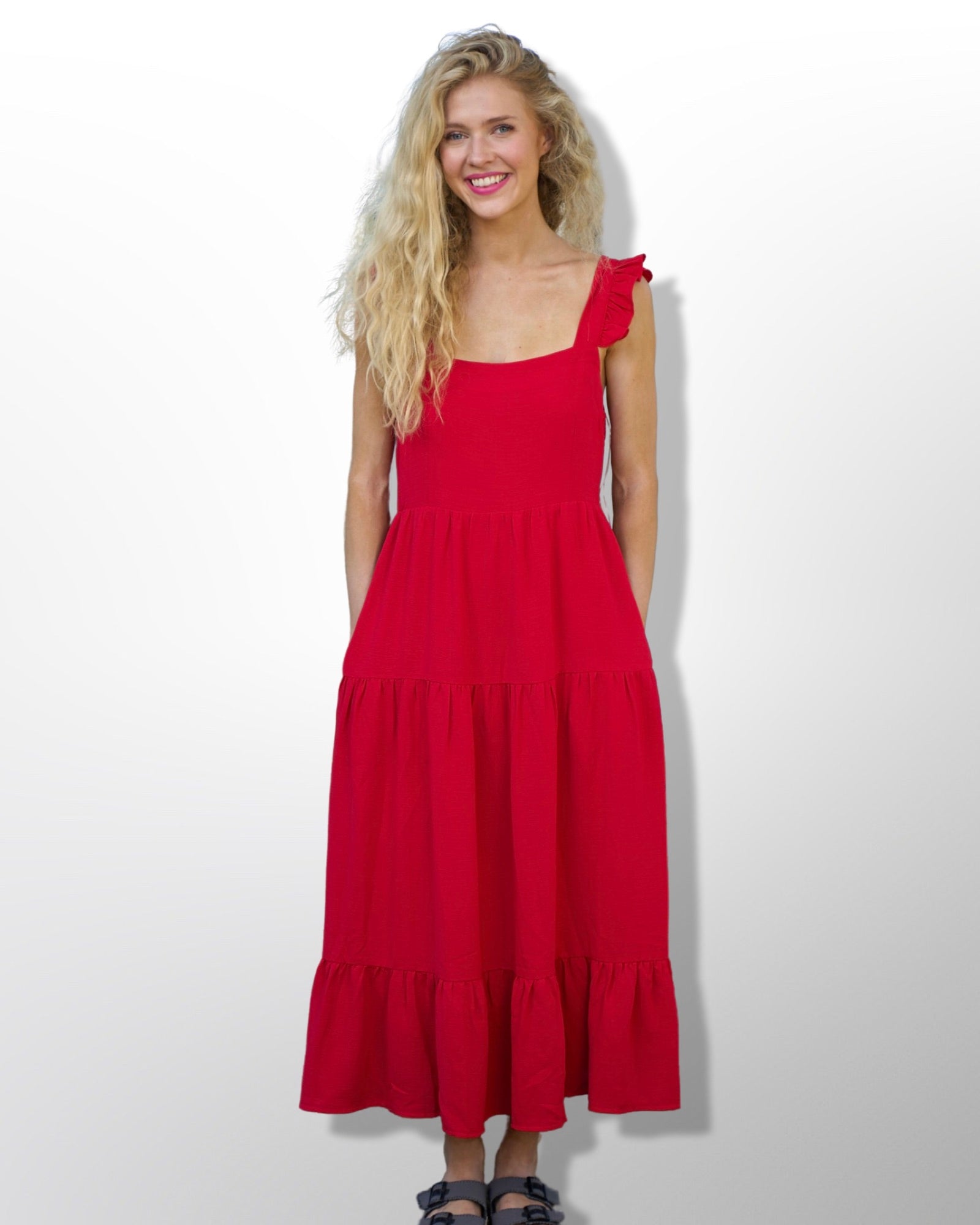 Red Sleeveless Maxi Dress for Women with Pockets