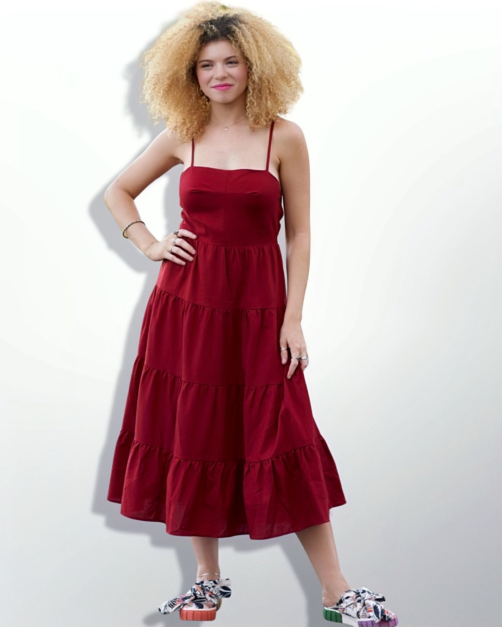 Sleeveless Tiered Maxi Dress for Women in Red Color